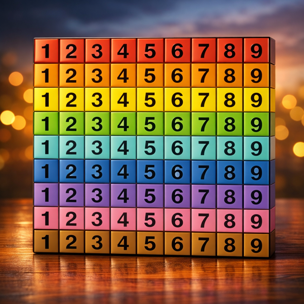 81 unique number-color pairs displayed as colored cubes on a wooden table