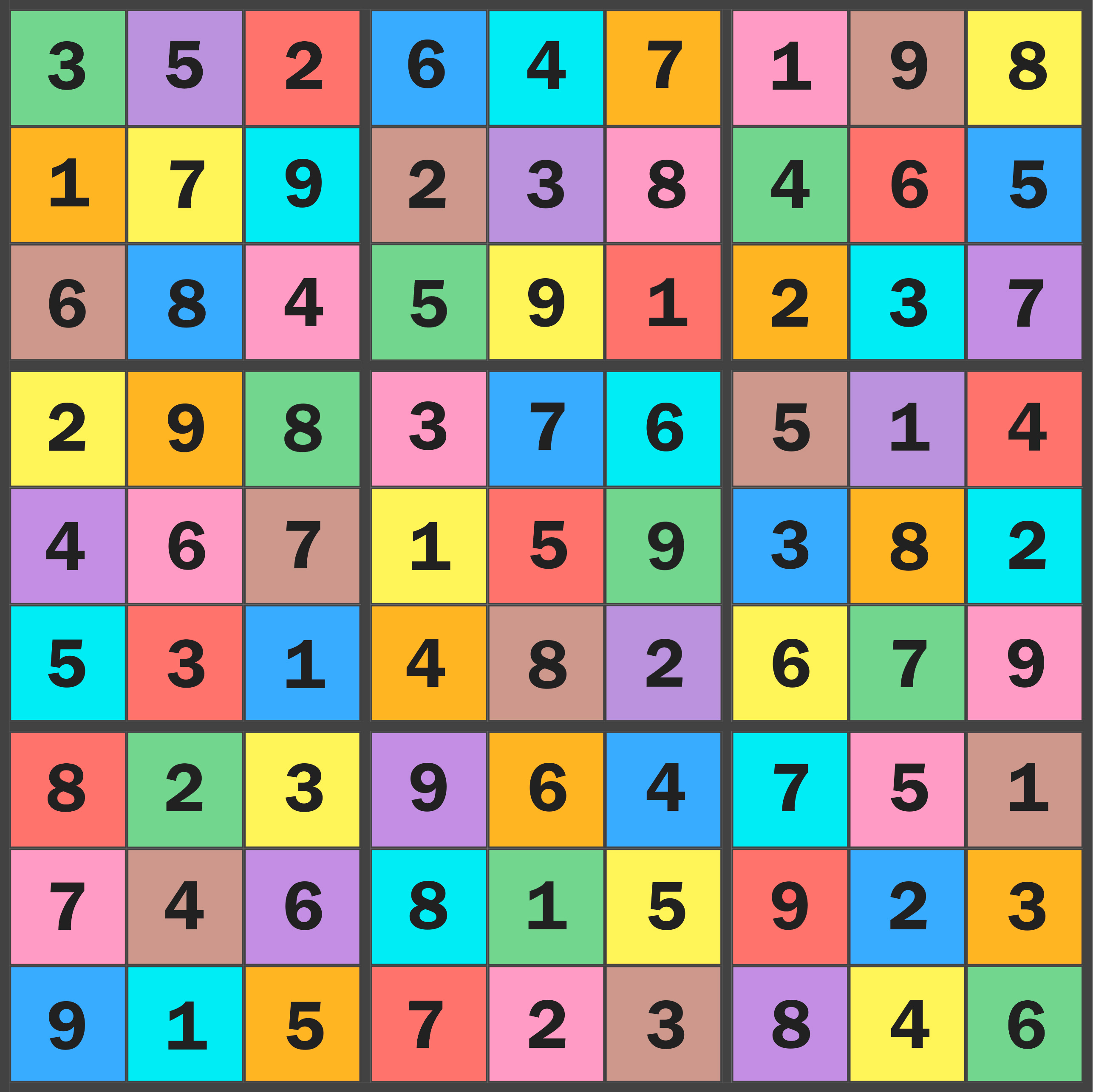 A complete Suirodoku grid showing all 81 unique digit-color pairs